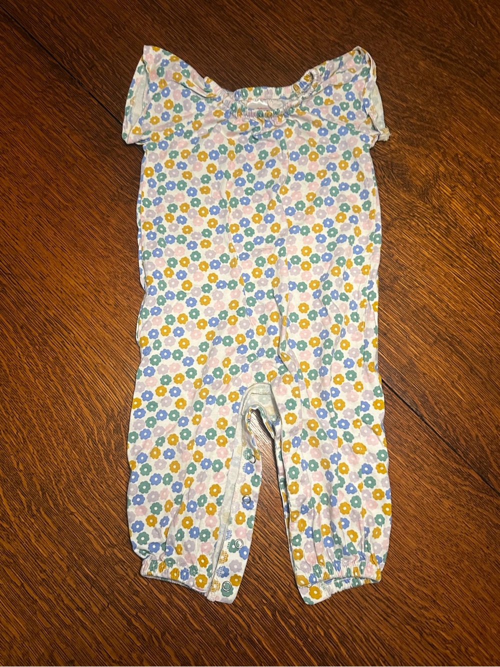 Hannah Andersson Floral Infant Romper in White with Yellow & Blue Flowers
